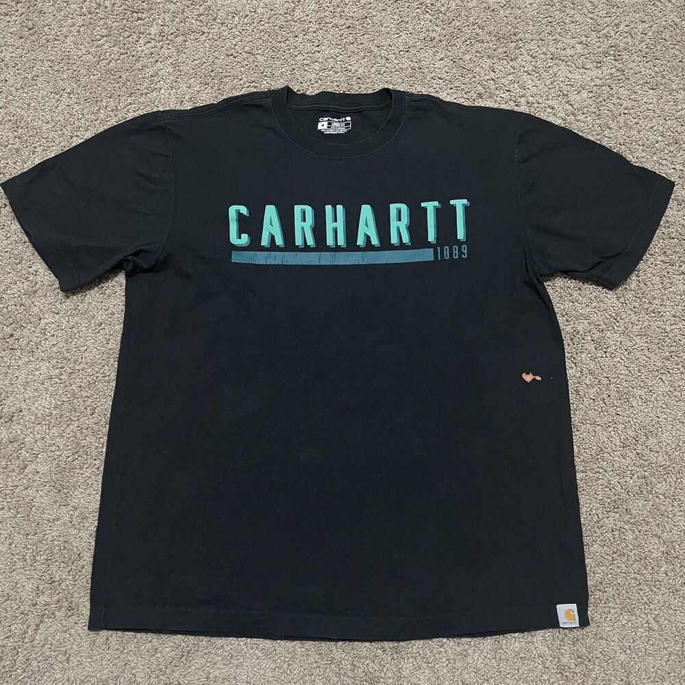 Carhartt Shirt Mens Medium Black Spellout 1889 Loose Fit Fire Hart Distressed